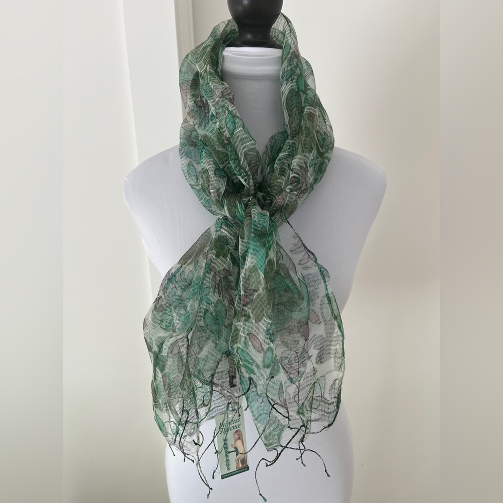 FLEURS Sheer Silk Scarf Green Gray Floral Pattern Lightweight Delicate NWT